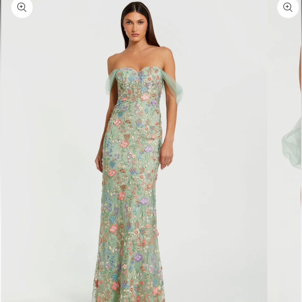 Mac Duggal Green Off-the-Shoulder Floral Gown